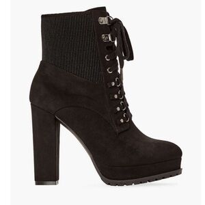 JustFab Ayah lace-up black faux‎ suede heel booties Sz 8